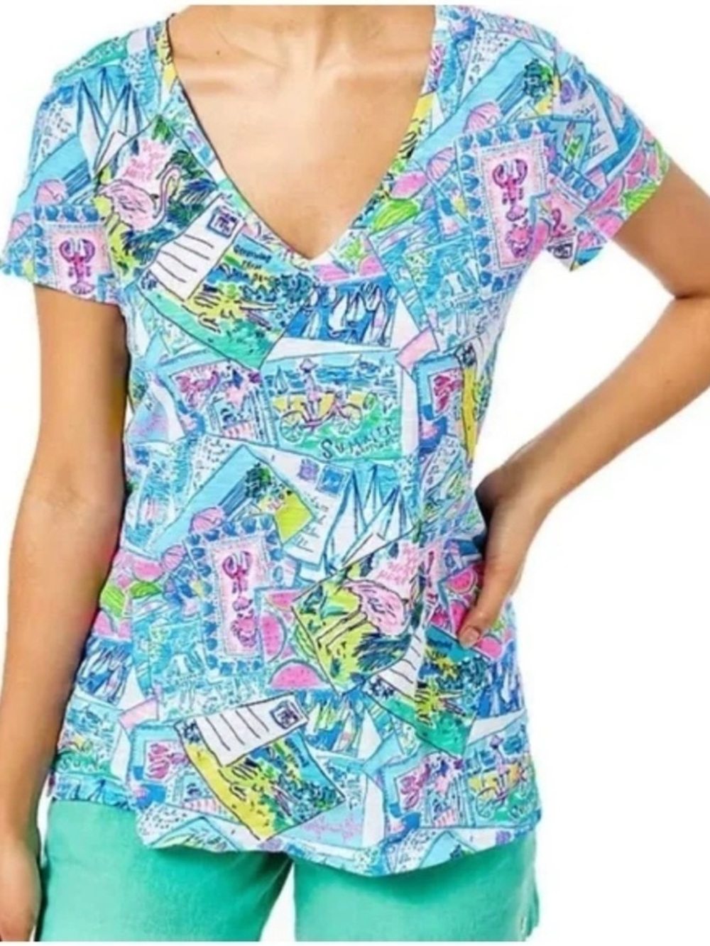 Lilly Pulitzer Etta V-Neck Cotton Tee Wish You Were Here Medium